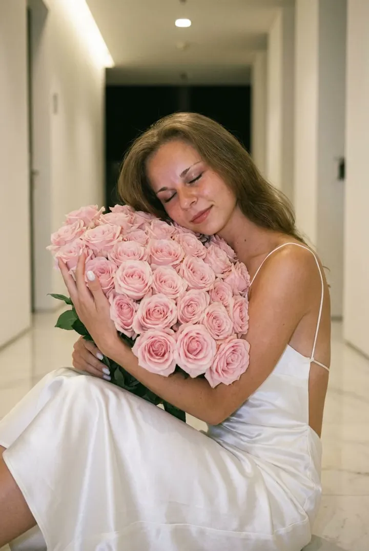 Женщина с розовыми розами