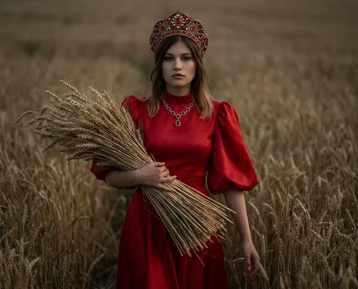 Женщина в красном платье в поле
